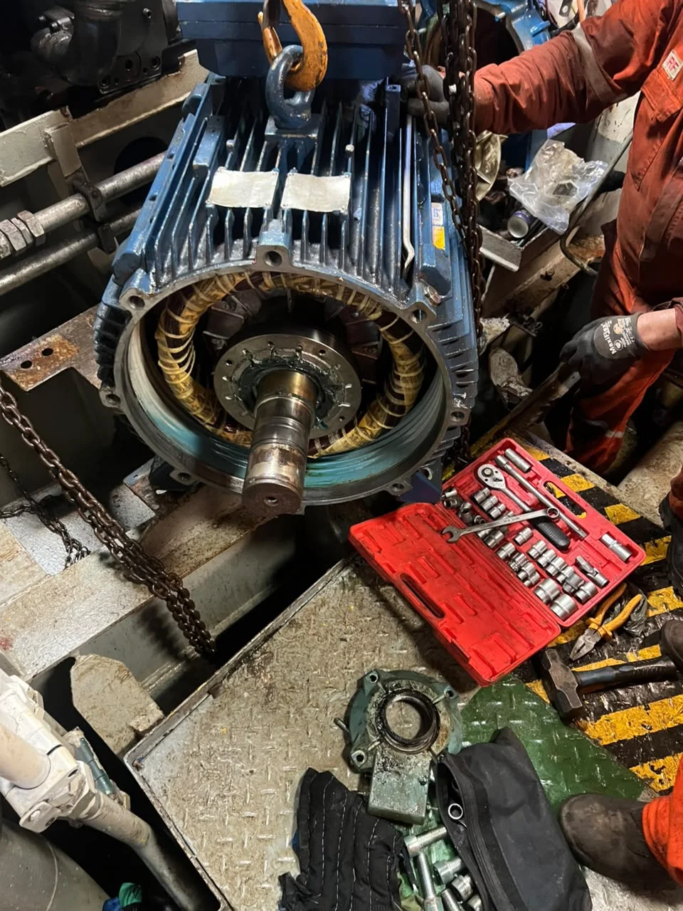 Electric motor stripped for maintenance, stator and rotor exposed