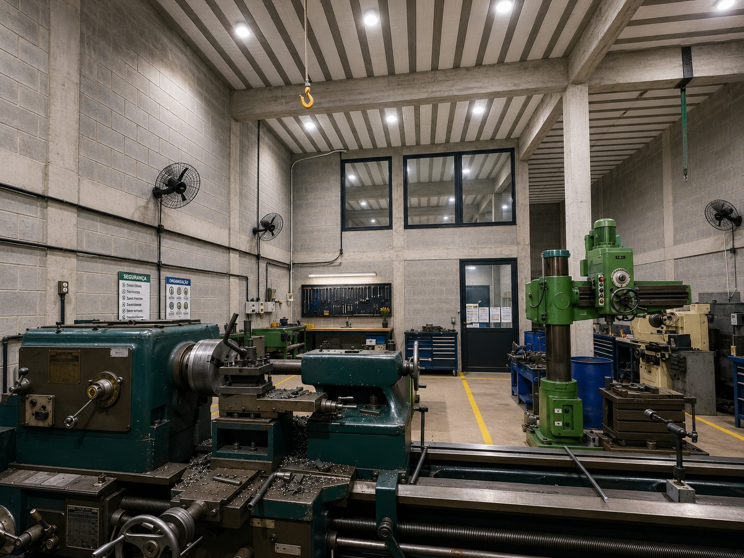 Vista interna da oficina da WF Service, com torno mecânico de grande porte em primeiro plano e furadeira radial ao fundo