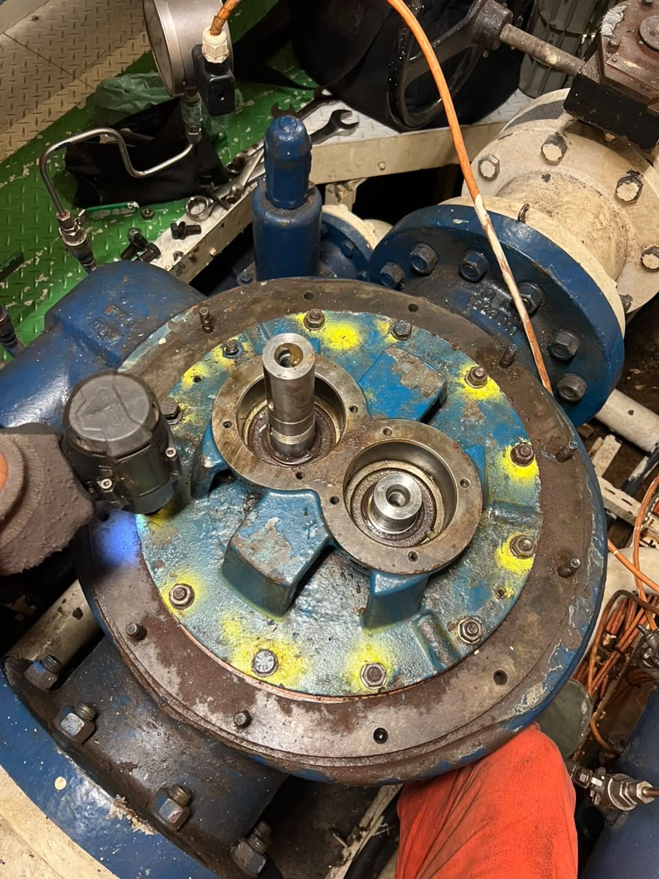 Ballast pump opened in place, top cover removed at the start of the strip-down